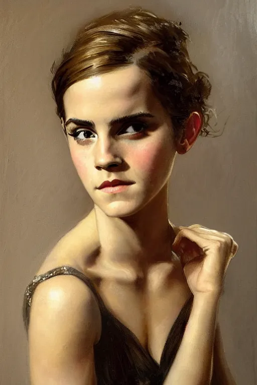 Prompt: emma watson detailed portrait painting by gaston bussiere craig mullins j. c. leyendecker richard avedon