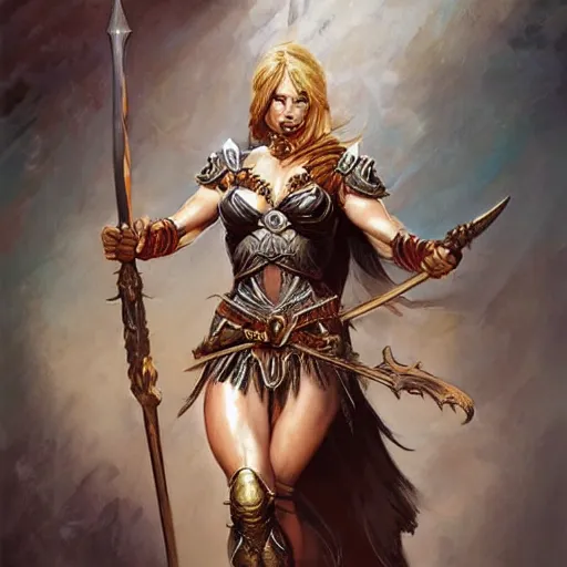 Image similar to warrior princess character portrait by frank frazetta - wearing ornate armor, holding a spear, striking a pose, fantasy, dungeons & dragons, sharp focus, beautiful, artstation contest winner, detailed