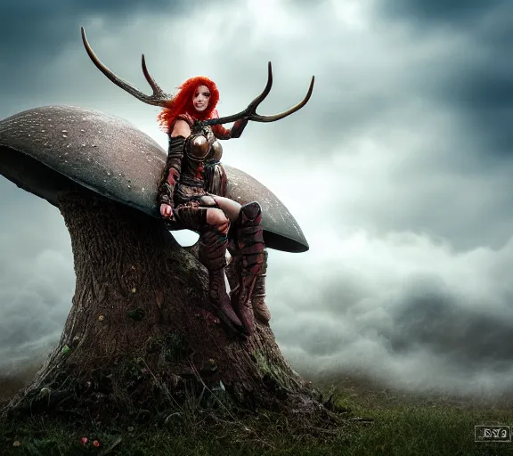 Image similar to a photo of an armored woman warrior redhead with antlers sitting on a giant mushroom that covers a whole village and reaches above the clouds by luis royo. intricate. lifelike. soft light. sony a 7 r iv 5 5 mm. cinematic post - processing