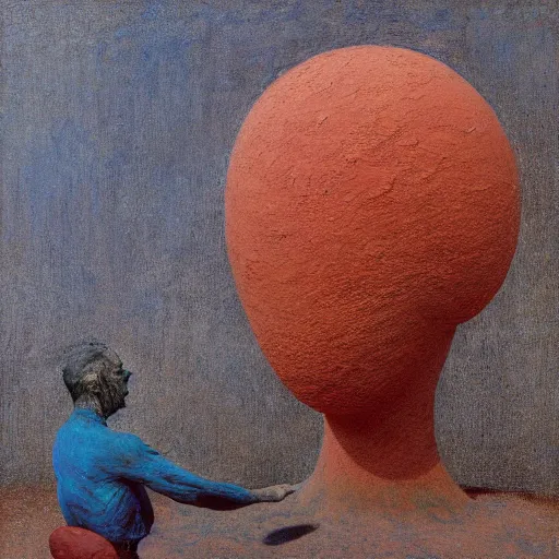 Image similar to an impasto painting by shaun tan of an abstract sculpture by the caretaker and zdzisław beksinski