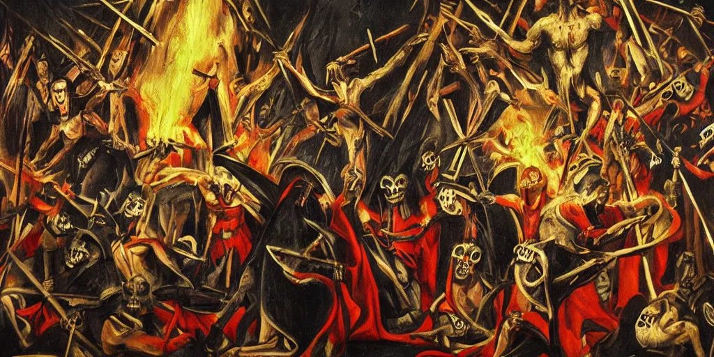 Image similar to dante's inferno painting, with biden trump obama united states of america, illuminati symbol, flag, crows, skeletons, crosses, jesus, dark beauty, rotten gold, perfect faces, extremely detailed, cinema 4 d, unreal engine.