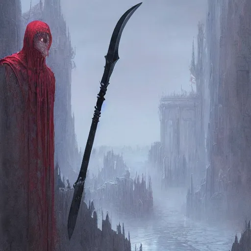 Image similar to The faceless god of chaos in a hood with a scarlet scythe dark fantasy, intricate, smooth, artstation, painted by Wayne Barlowe, Greg Rutkowski, zdislav beksinski