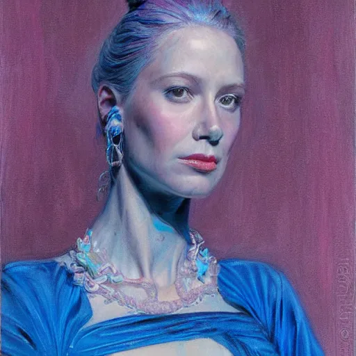 Image similar to portrait of a blue and pink queen, by donato giancola.