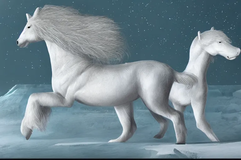 Image similar to future evolution of a polar horse,speculative evolution by dougal dixon in The Future Is Wild (2002) and Alien Planet(2005)