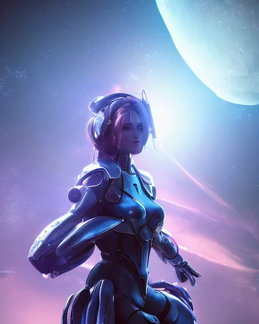 Image similar to perfect android girl on a mothership, warframe armor, beautiful face, scifi, futuristic, galaxy, nebula, raytracing, dreamy, long white hair, blue cyborg eyes, sharp focus, cinematic lighting, highly detailed, artstation, divine, by gauthier leblanc, kazuya takahashi, huifeng huang