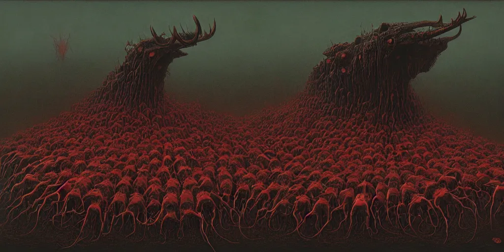 Image similar to horde of dark red insects crawling through the cavities of a large moose skull, Zdzislaw Beksinski, Wayne Barlowe, gothic, cosmic horror, dystopian, biomorphic, lovecraftian, amazing details, cold hue's