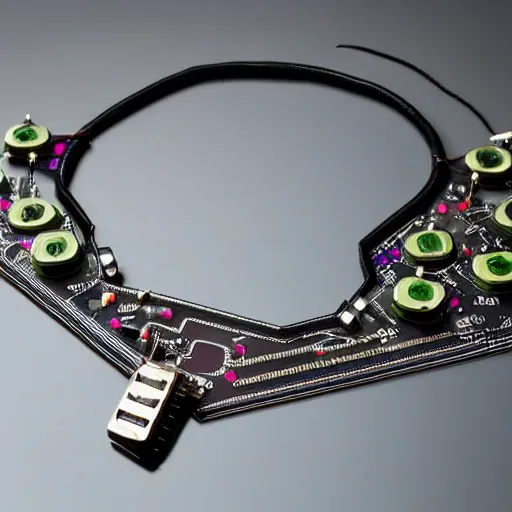 Image similar to a photo of a necklace with a speed controller and circuit boards hanging from it, jewelry, 4k