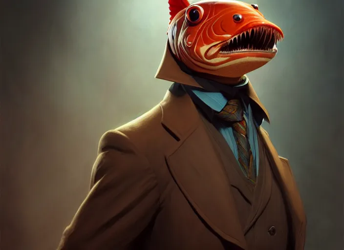 Image similar to a anthropomorphic salmon wearing a detective outfit, diffuse lighting, fantasy, film noir vibes, intricate, elegant, highly detailed, lifelike, photorealistic, digital painting, artstation, illustration, concept art, smooth, sharp focus, art by frank frazetta and marco bucci and loish and rossdraws and artgerm and alphonse mucha