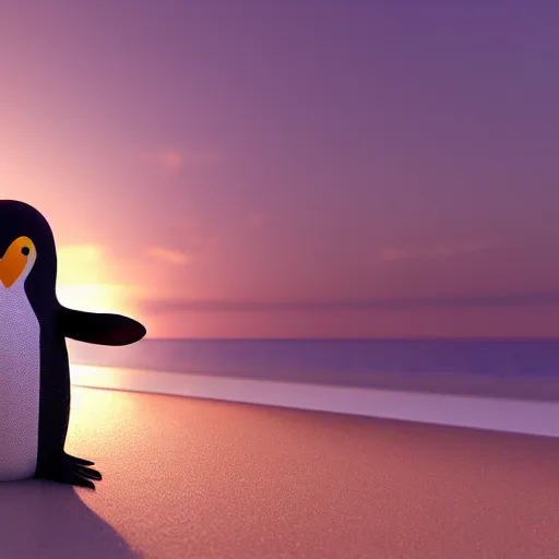 Prompt: realistic penguin at the beach during sunset. high details. 3 d render, octane render, wallpaper