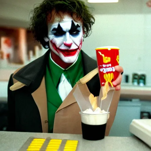 Prompt: joker 1 9 8 9 working in mcdonalds behind counter, facepaint coming off, movie still, dslr