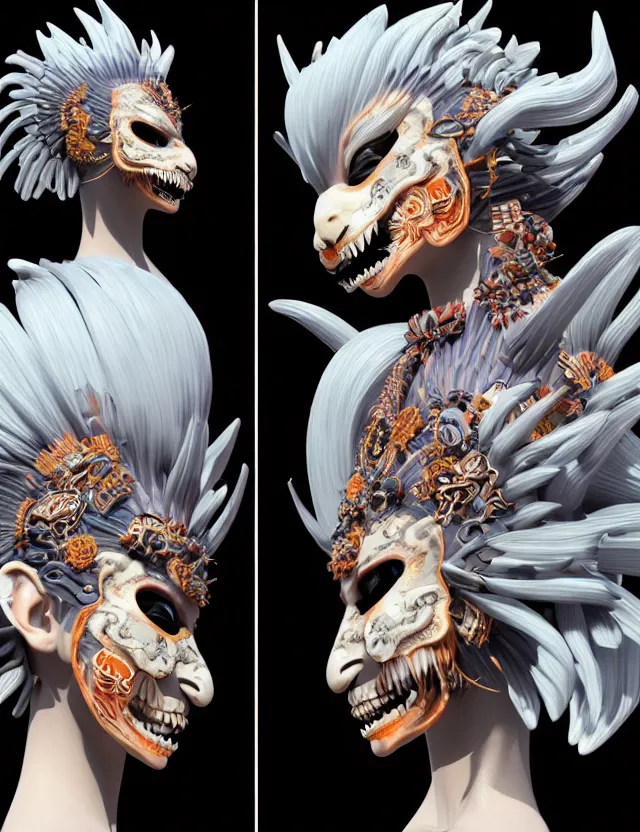 Image similar to 3 d goddess close - up profile simple portrait punk with mohawk with tiger skull. beautiful intricately detailed japanese crow kitsune mask and clasical japanese kimono. betta fish, jellyfish phoenix, bio luminescent, plasma, ice, water, wind, creature, artwork by tooth wu and wlop and beeple and greg rutkowski