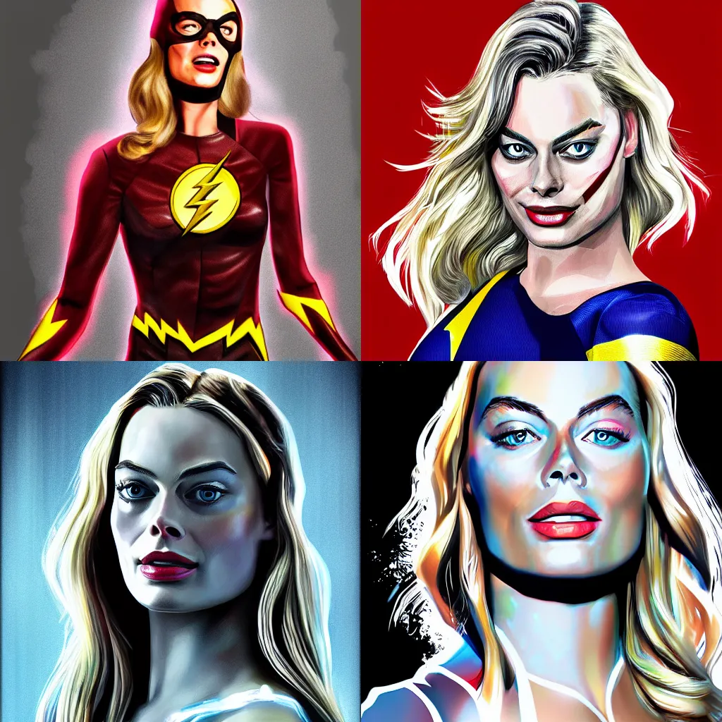 Prompt: Margot Robbie as The Flash, digital painting, highly detailed
