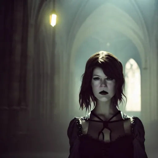 Image similar to mary elizabeth winstead as a vampire in a gothic cathedral at night, gloomy, gothic, ground mist, volumetric light.