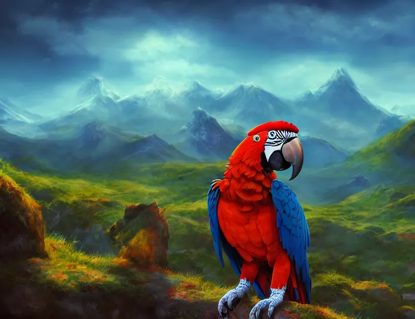 Image similar to macaw alchemist boy in the flowering snowy mountains. complementary colors, indie concept art, luminescent, 4 k, chiaroscuro, backlighting.