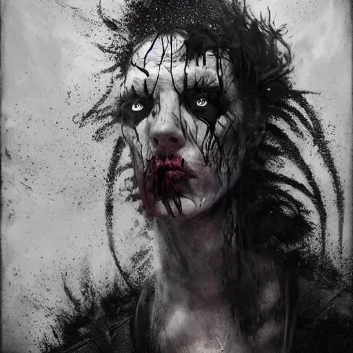 Image similar to emaciated ( the cure fan ) as dream from sandman, dim stars as eyes, by jeremy mann, by cedric peyravernay, by by russ mills, by richard avedon and ben templesmith, dramatic lightning, sadness, dark eye sockets, in the shadows, punk rock, gothic, high detailed, 8 k