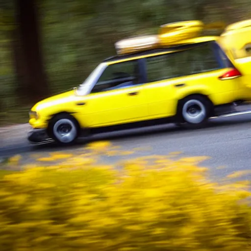 Image similar to being chased by a tiny fast yellow car captured in the wild