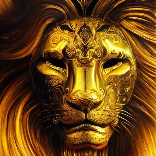 Image similar to Very very very very highly detailed epic photo of face with lion venetian mask, intricate, dystopian, sci-fi, extremely detailed, digital painting, artstation, concept art, smooth, sharp focus, illustration, intimidating lighting, incredible art by Vincent di Fate