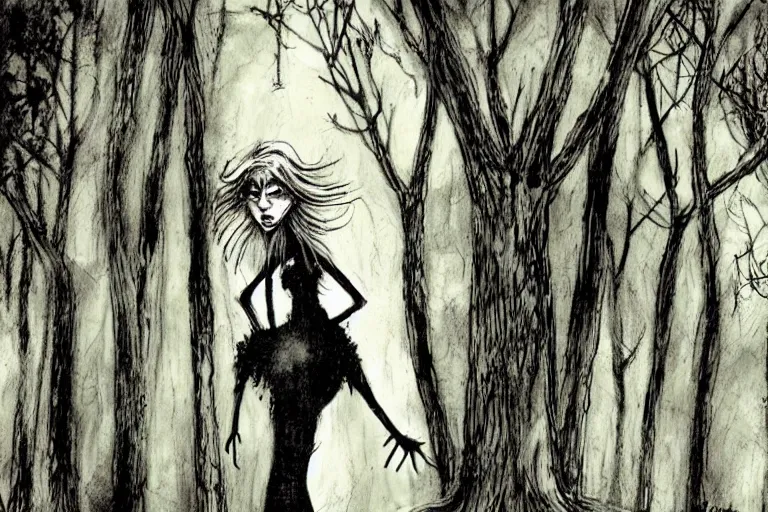 Image similar to mad girl wandering the woods artwork by ben templesmith