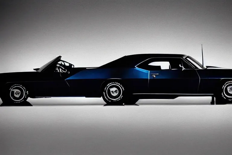 Prompt: designed by john delorean stylized poser of a single ( 1 9 6 7 chevrolet impala ) 2 0 1 3 chevrolet camaro ss! delorean!!, air scoop, painted glossy black, large led lights, ektachrome photograph, volumetric lighting, f 8 aperture, cinematic eastman 5 3 8 4 film