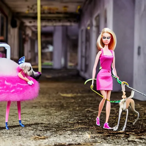 Image similar to barbie walking her dog in an abandoned amusement park