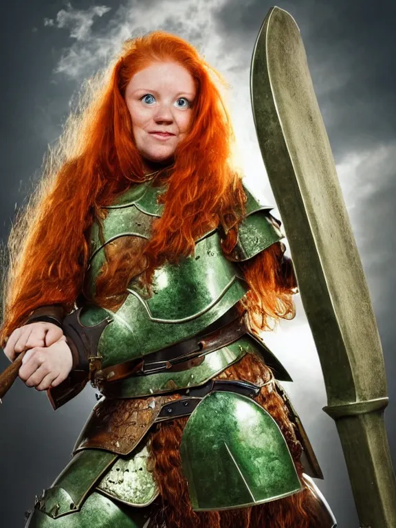 Image similar to dwarven woman, ginger hair, green eyes, holding hammer and shield with plate armour