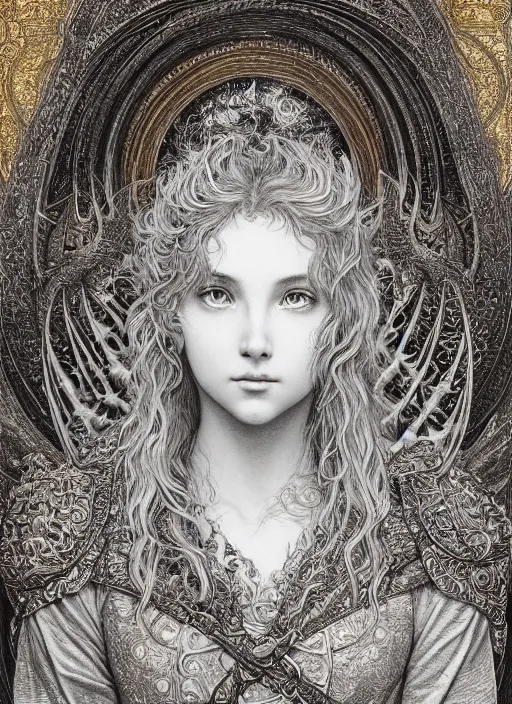 Image similar to highly detailed picture of great dragon, sketch, manga, edge of the universe, perfectly face, highly detailed, masterpiece, trending on artstation, golden ratio, cinematic romantic magical, perfect intricate highly detailed painting by gustave dore, by timothy von rueden, by mucha alphonse, digital art