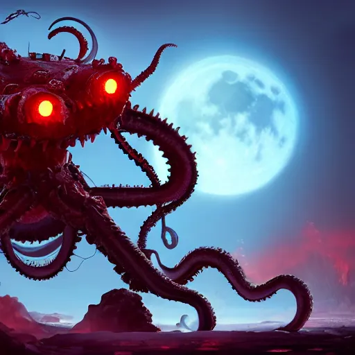Prompt: a demonic robot kraken with glowing red eyes flying at night, full moon, artstation, highly detailed, 4k