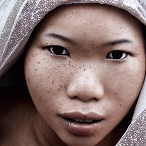 Prompt: photo of a perfect albino indonesian woman with white skin and covered entirely in dense freckles