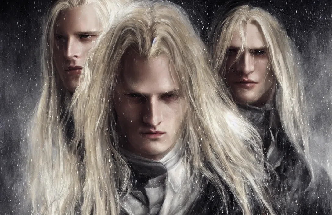 Image similar to a realistic detail portrait of a beautiful johan liebert alucard in middle earth, long blond hair, very very very light pale white skin, beautiful long blond hair, raining, mist, magic, dragon, goth by Julian calle, wlop, greg rutkowski, Finnian MacManus, Trending on artstation, black and yellow scheme, 8k, RE Engine