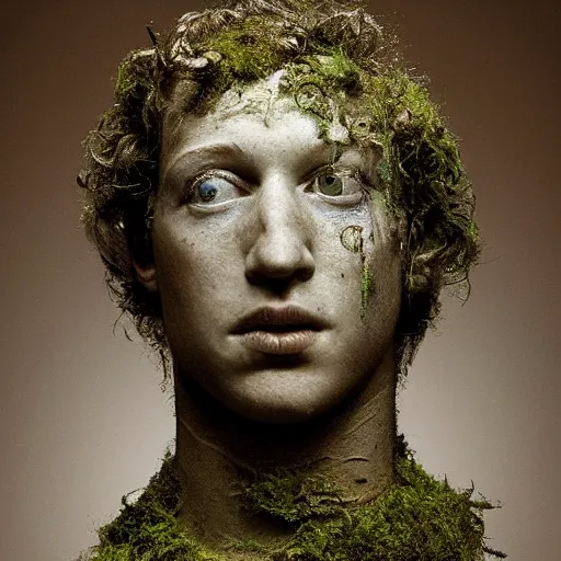 Image similar to Award-winning photograph by Cindy Sherman. The photo depicts a decaying roman bust of Mark Zuckerberg overgrown with moss at the bottom of the sea in the middle of ruins of civilization. Minimalism, high definition, perfect composition. Deep sea picture. Very dark. Volumetric Lighting. Fish. Darkness. Ruins
