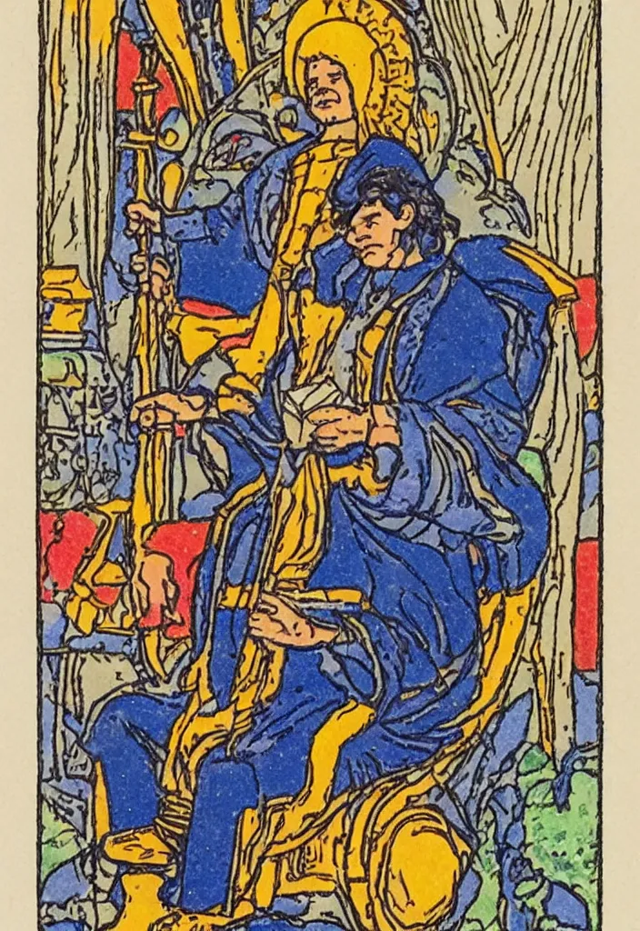 Image similar to Yann LeCun sitting on the throne on a tarot card, illustrated on the Rider–Waite tarot.