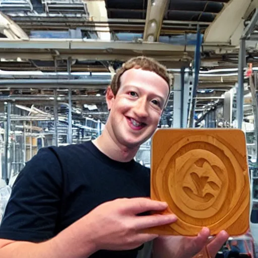 Image similar to mark zuckerberg holding a wooden coaster up to the camera