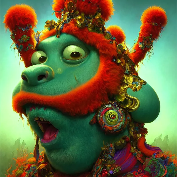 Prompt: psychedelic Sully from Monster’s Inc., Pixar, diffuse lighting, fantasy, intricate, elegant, highly detailed, lifelike, photorealistic, digital painting, artstation, illustration, concept art, smooth, sharp focus, art by John Collier and Albert Aublet and Krenz Cushart and Artem Demura and Alphonse Mucha