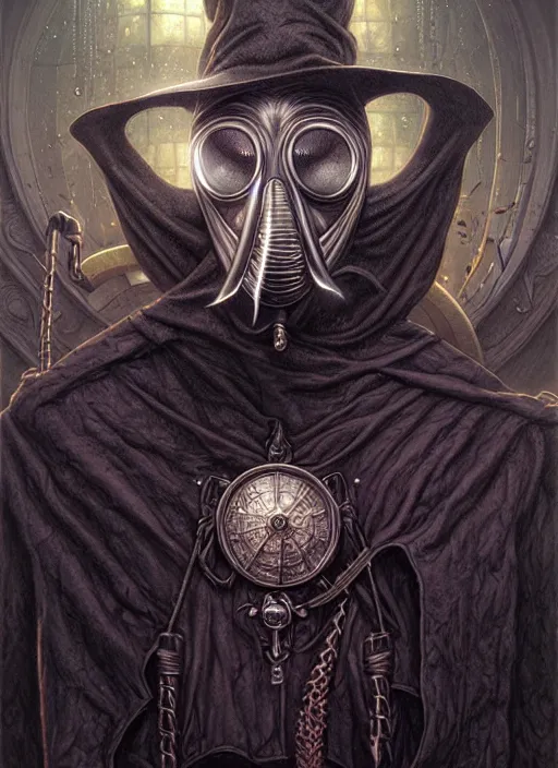 Image similar to portrait of plague doctor, hyper detailed masterpiece, dystopian background, jean giraud, digital art painting, darkwave goth aesthetic, lovecraftian, artgerm, donato giancola and tom bagshaw