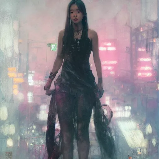 Image similar to jisoo of blackpink, hyperrealistic portrait, bladerunner street, art of elysium by jeremy mann and alphonse mucha, fantasy art, photo realistic, dynamic lighting, artstation, poster, volumetric lighting, very detailed face, 8 k, award winning