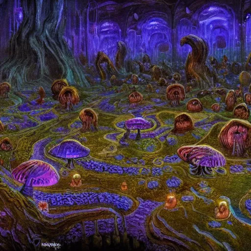 Image similar to concept art detailed painting of a dark purple fantasy fairytale fungal town made of mushrooms, with glowing blue lights, in the style of wayne barlowe and vincent van gogh and albert bierstadt and claude monet