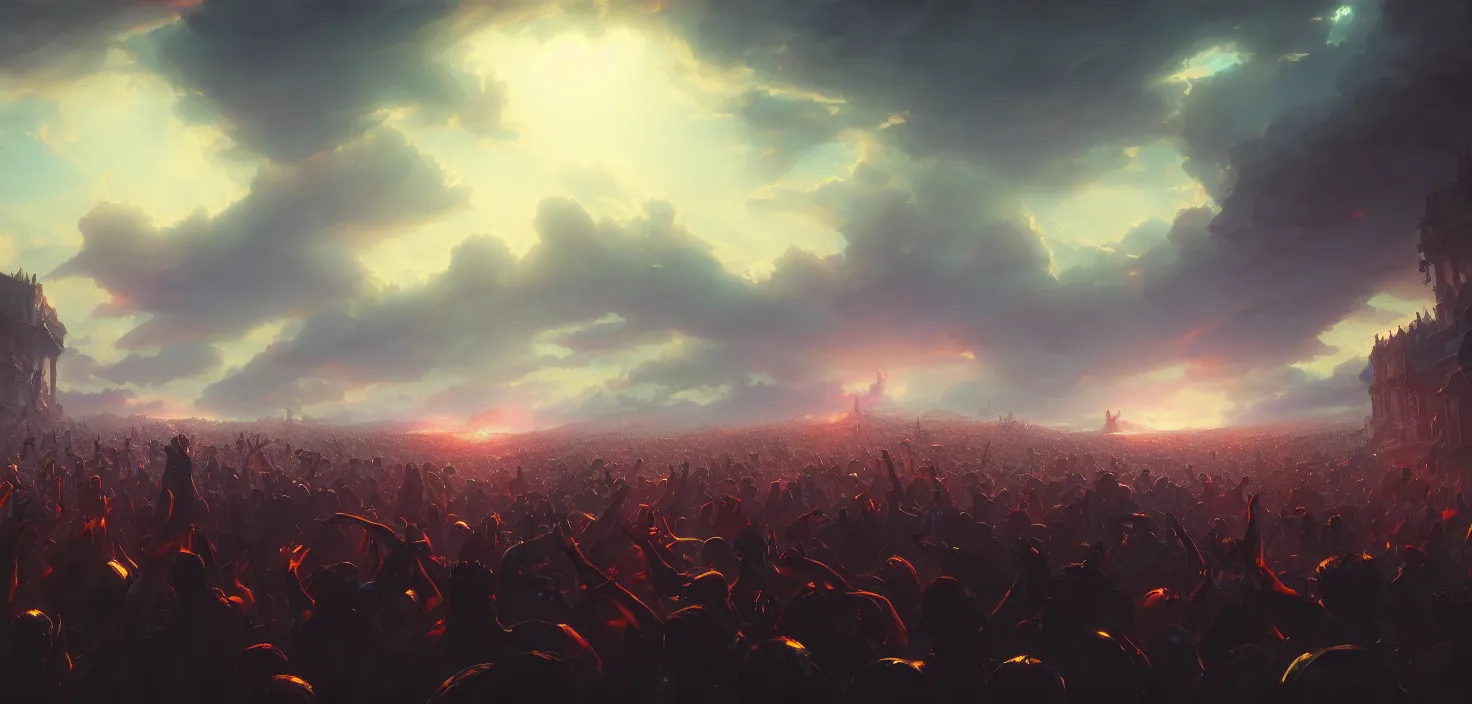 Image similar to painting of a crowd with raised arms pointing toward, cinematic view, epic sky, detailed, concept art, low angle, high detail, warm lighting, volumetric, godrays, vivid, beautiful, trending on artstation, by jordan grimmer, huge scene, art greg rutkowski