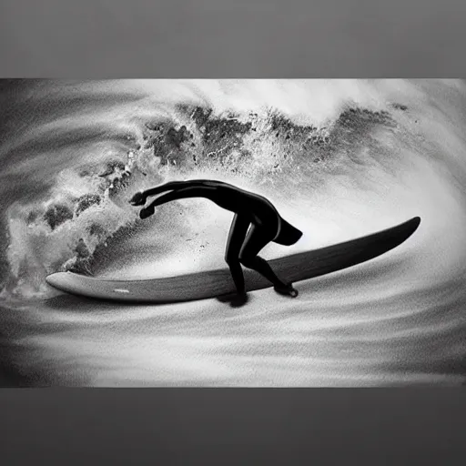 Image similar to black and white drawing, 3d, photorealistic imagery, surfer, lineart,