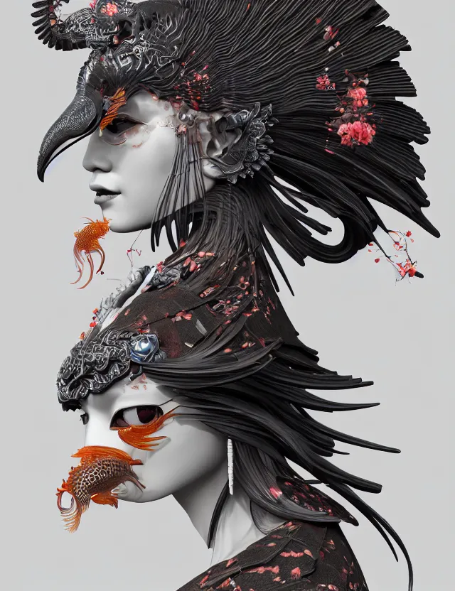 Image similar to 3 d goddess close - up profile portrait biomechanics with ram skull. beautiful intricately detailed japanese crow kitsune mask and clasical japanese kimono. betta fish, jellyfish phoenix, bio luminescent, plasma, ice, water, wind, creature, artwork by tooth wu and wlop and beeple and greg rutkowski