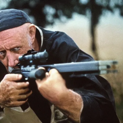 Prompt: Film still of Mike Ehrmantraut aiming with a !!!!!sniper rifle!!!!!, 4k, !!!!highly detailed!!!!