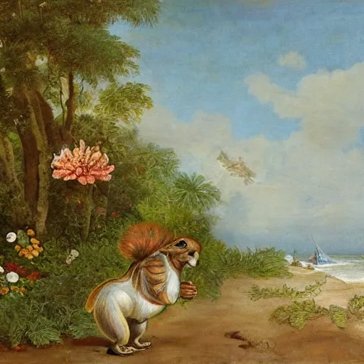 Image similar to a giant squirrel carrying napoleon on its back, beach scene with flowers and foliage, detailed oil painting