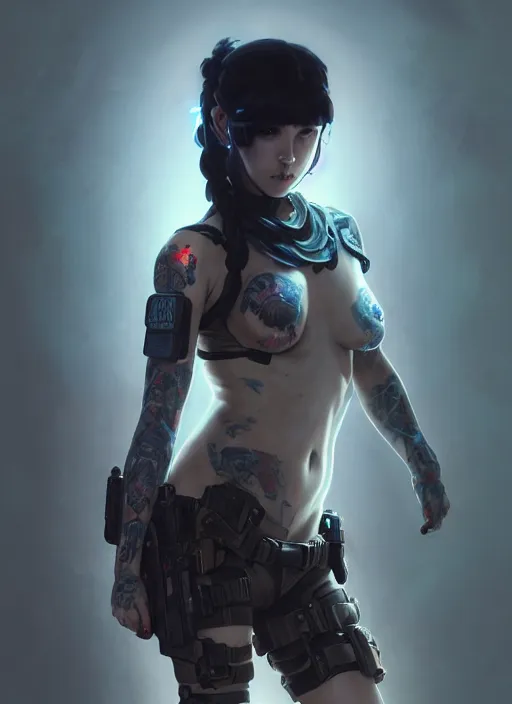 Prompt: girl covered with tattoos wearing tactical gear, intricate lights, high detailed face, bio luminescent, plasma, by ruan jia and artgerm and range murata and wlop and ross tran and william - adolphe bouguereau and beeple. fantasy illustration. award winning, artstation, venomized, realistic, hyperdetailed, 8 k resolution.