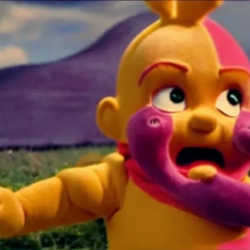 Image similar to kratos in teletubbies, from the new movie teletubbies, directed by peter jackson, bokeh, hyperrealism