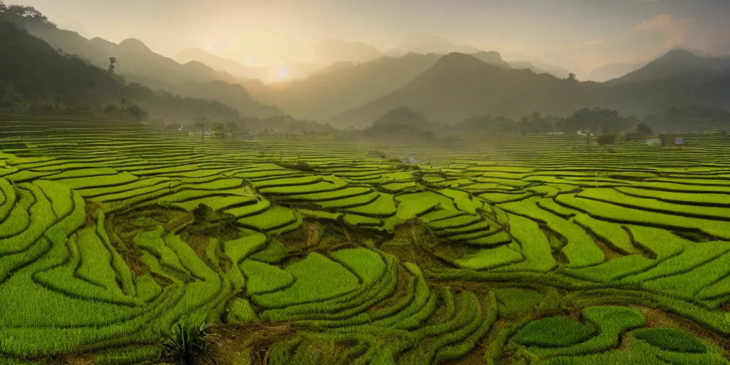 Image similar to Photo of terrace paddy field of Chinag Mai with several village and rolling mountain at the background, wide angle, volumetric light, fog, mist, morning, hyperdetailed, light water, artstation, cgsociety, 8k