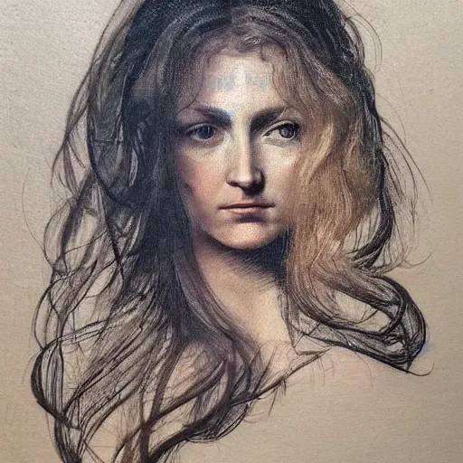 Prompt: front view face of a beautiful woman painted in the style of da Vinci , with tattoo , trending on artstation, Syd Mead, Andrew Wyeth, Rubens