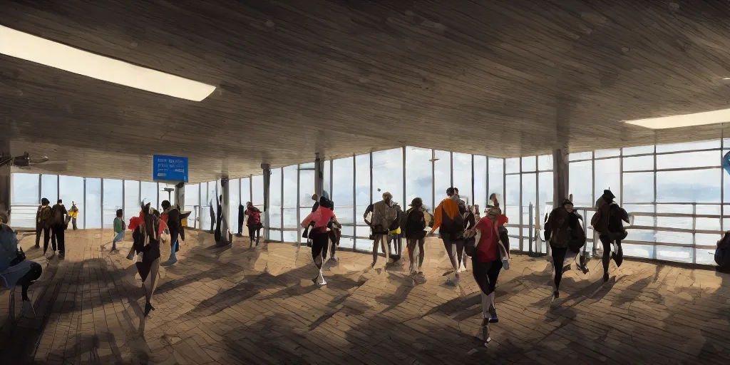 Prompt: Detailed Interior of Staten Island Ferry, Marathon Runners, Dawn Atmosphere, Light Shafts, Concept Art