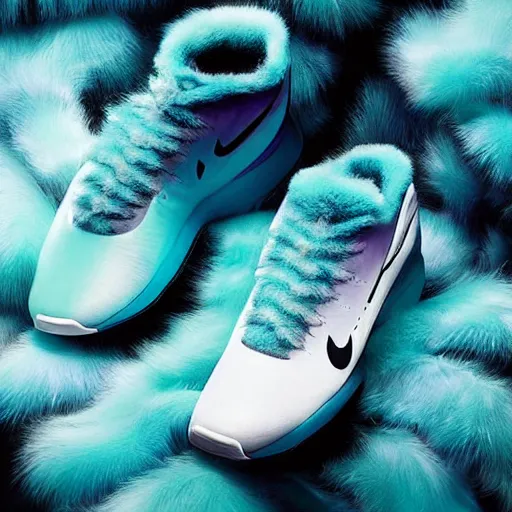 Image similar to poster nike shoe made of very fluffy cyan and black faux fur placed on reflective surface, professional advertising, overhead lighting, heavy detail, realistic by nate vanhook, mark miner