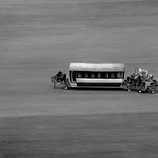 Image similar to a birds - eye view sepia photograph of a delorean made into a covered wagon, traveling in a line with covered wagons and cattle