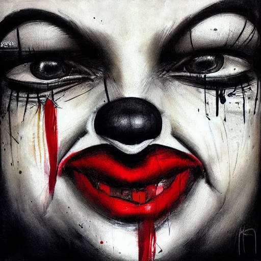 Prompt: Portrait of a young Clown that has an expression of joy with black tears on his face by Guy Denning by Artgerm