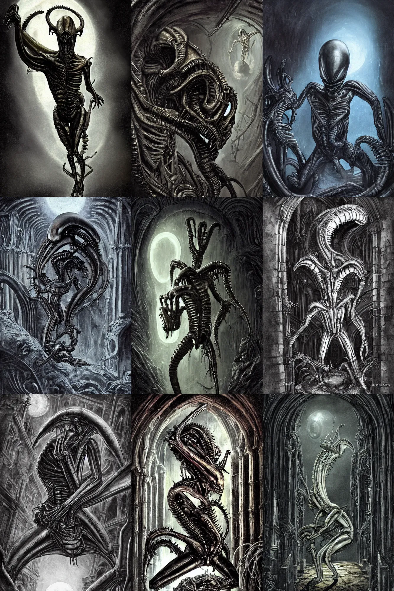 Prompt: hr giger's xenomorph from alien!! crouching inside of an ancient gothic cathedral, moonlight coming through a hole and landing on the creature, digital painting, gothic, alien, amazing value control, frank frazetta, dramatic lighting, muted colors, focused light, dark colors, in the style of resident evil